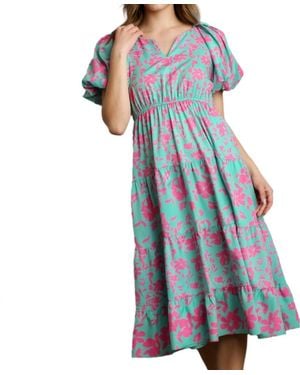 Umgee Floral Tiered Pocket Midi Dress - Blue