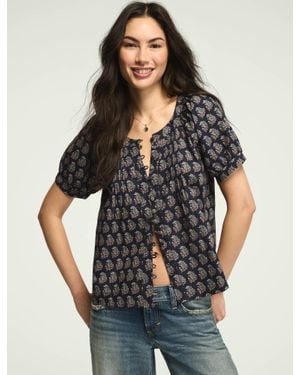 Lucky Brand Short Sleeve Pintuck Peasant Top - Black