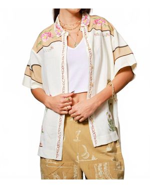 Blue B Embroidered Sequin Floral Linen Blouse - White