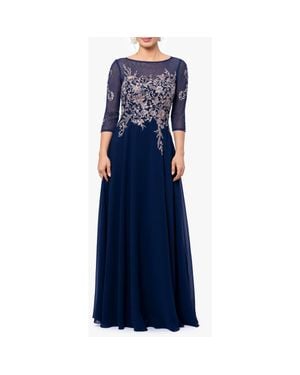 Betsy & Adam Petites Embroidered Midi Evening Dress - Blue