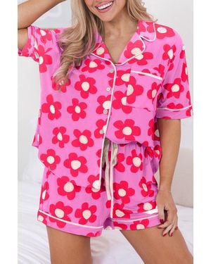 TRUEDAMES Flower Print Short Sleeve Shirt Pajamas Set - Pink