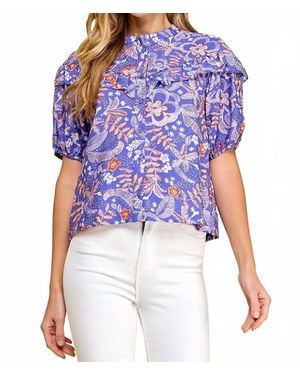 TCEC Button Up Floral Ruffle Blouse - Blue