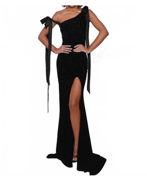 Johnathan Kayne One-Shoulder Stretch Satin Evening Gown - Black