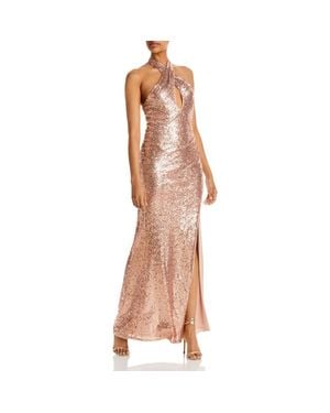Aqua Sequined Halter Evening Dress - Brown
