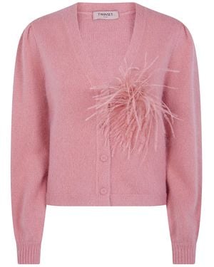 Twinset Cropped Cardigan With Fuzzy Knit And Feather Detail - Pink
