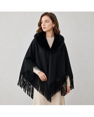 TRUEDAMES Plush Faux Fur Collar Trim Fringe Poncho Wrap - Black