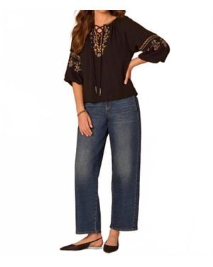 Democracy Lace Up Top With Three Quarter Bubble Sleeve And Embroidered Detail - Blue