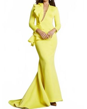 Jovani Plunging Neckline Long Sleeve Dress - Yellow