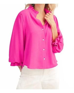 Jodifil 3/4 Sleeves Front Button Up Solid Top - Pink