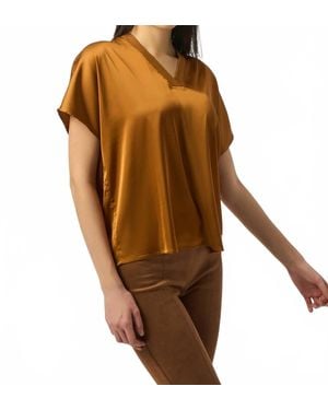 Joseph Ribkoff V-Neck Short Sleeve Boxy Satin Top - Brown