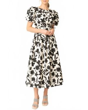 Moon River Floral Print Cut Out Shirred Midi Dress - White