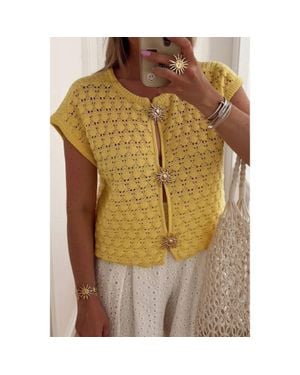 TRUEDAMES Crochet Short Sleeve Button Front Sweater - Yellow