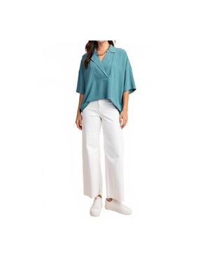 Style USA V-Neck Collared Pop Over Top - Blue