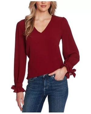 Cece Top Claret Stretch Ballon Sleeve V-Neck Blouse Party Fts1099 - Red
