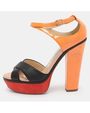 Jimmy Choo Tricolor Leather Cross Strap Platform Block Heel Sandals - Orange