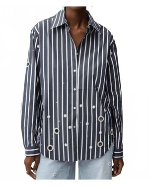 Joseph Ribkoff Stripe Embellished Button-Down Boxy Shirt - Blue