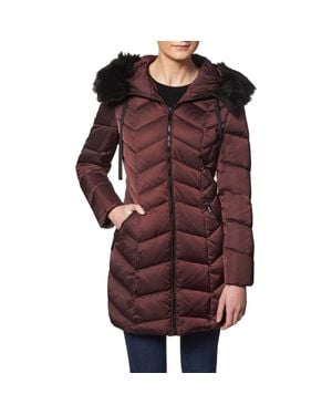 Tahari Gwen Faux Fur Trim Midi Down Coat - Red