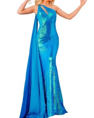 Jovani Sequin One-Shoulder With Cape Gown - Blue