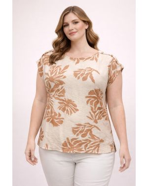TRUEDAMES Plus Size Tropical Leaf Print Button-Shoulder Top - Natural