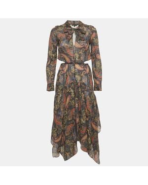 Maje Paisley Print Citton Cut-Out Asymmetric Midi Dress - Blue