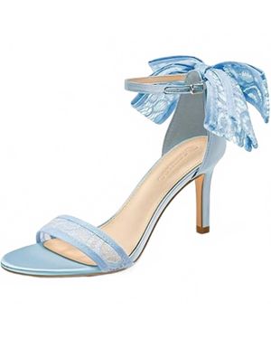 Coutgo Lace Bow 3.5" Heels Open Toe Ankle Strap Shoes - Blue
