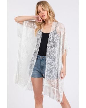 TRUEDAMES Flower Pattern Crochet Lace Tassel Cover Up - White