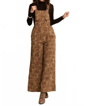 Davi & Dani Animal Printed Denim Wide Open Leg Overall Pants - Brown