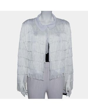 Norma Kamali Knit Fringed Open Front Collared Jacket - Gray