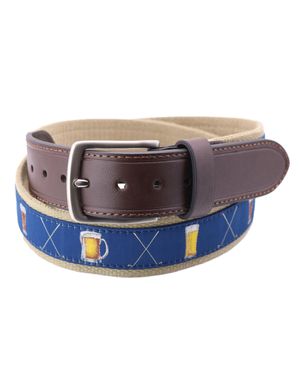 Pebble Beach Ribbon Belt With Golf Clubs And Beer - Blue
