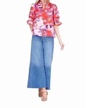 J joy Trimmed Split Neck Top - Blue