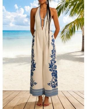 TRUEDAMES Summer V-Neck Sexy Floral Halter Wide-Leg Jumpsuit - Blue