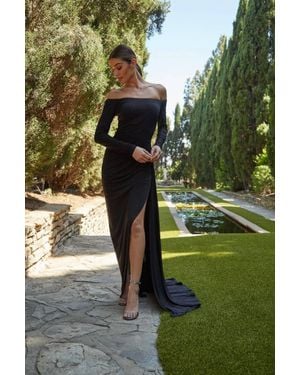 Nicole Bakti Jersey Glitter Long Sleeve Off Shoulder Gown - Green