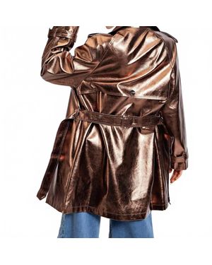 Easel Retro Faux Leather Trench Coat - Brown