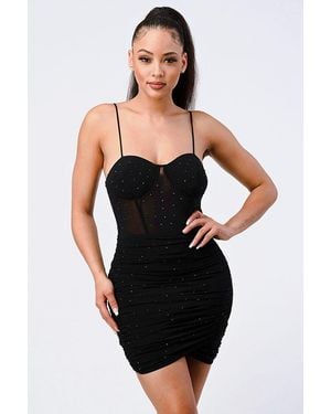 TRUEDAMES Luxe Glitter Front Mesh Ribbed Cami Mini Dress - Black