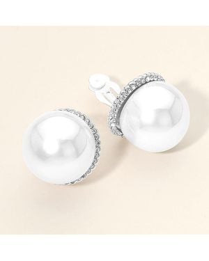Fashnzfab Oversized Rhinestone Halo Pearl Clip On Earrings - White
