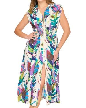 Style USA Leaf Print Collared Midi Dress - Blue