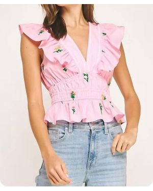 Strut & Bolt Flower Bouquet Embroidery Top - Pink