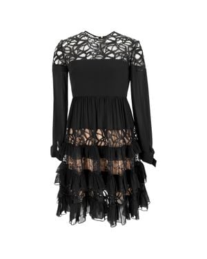 Elie Saab Lace-Trimmed Long Sleeve Mini Tiered Dress - Black
