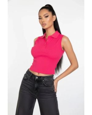 TRUEDAMES Slim-Fit Sleeveless Polo Collar Crop Top - Pink