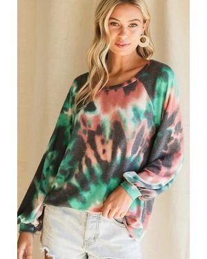 TRUEDAMES Tie Dye Print Terry Top With Puff Sleeves - Multicolor