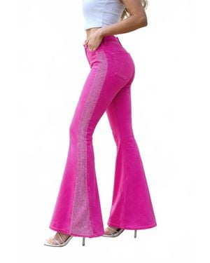 Lucky & Blessed Shiny Studded Embellished Flare Jeans - Pink
