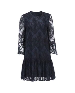 Ganni Ruffled Embroidered Lace Mini Dress Innavy Viscose - Blue