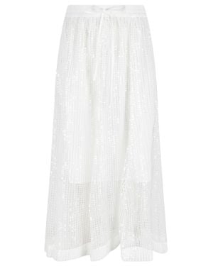 MEIMEIJ Sequin Appliques Mesh Elastic Waistband Polyester Midi Skirt - White