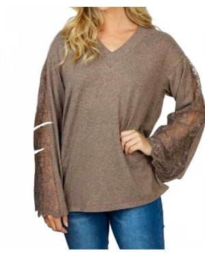 White Birch Lace Sleeve Solid V-Neck Top - Gray