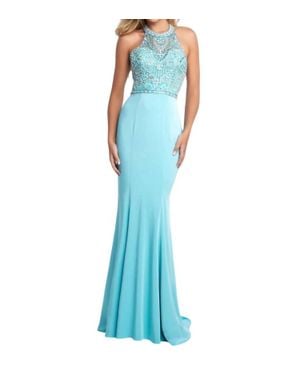 Blush Prom Beaded Bodice Gown With Cascading Ruffled Back - Blue