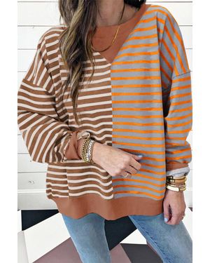 TRUEDAMES Casual Stripe Colorblock Drop Shoulder Oversize Sweatshirt - Brown