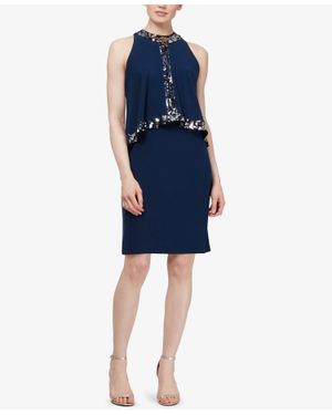 Sl Fashions Sequin Trim Popover Sleeveless Jewel Cocktail Dress - Blue