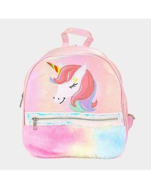 Fashnzfab Fuzzy Unicorn Metallic Backpack Bag - Pink