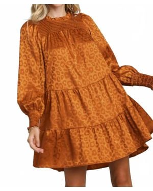 Umgee Solid Satin Animal Jacquard Woven Dress - Orange