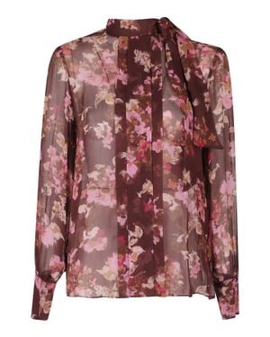 Nissa Bordeaux Ruffles Floral Print Viscose Blouse - Pink